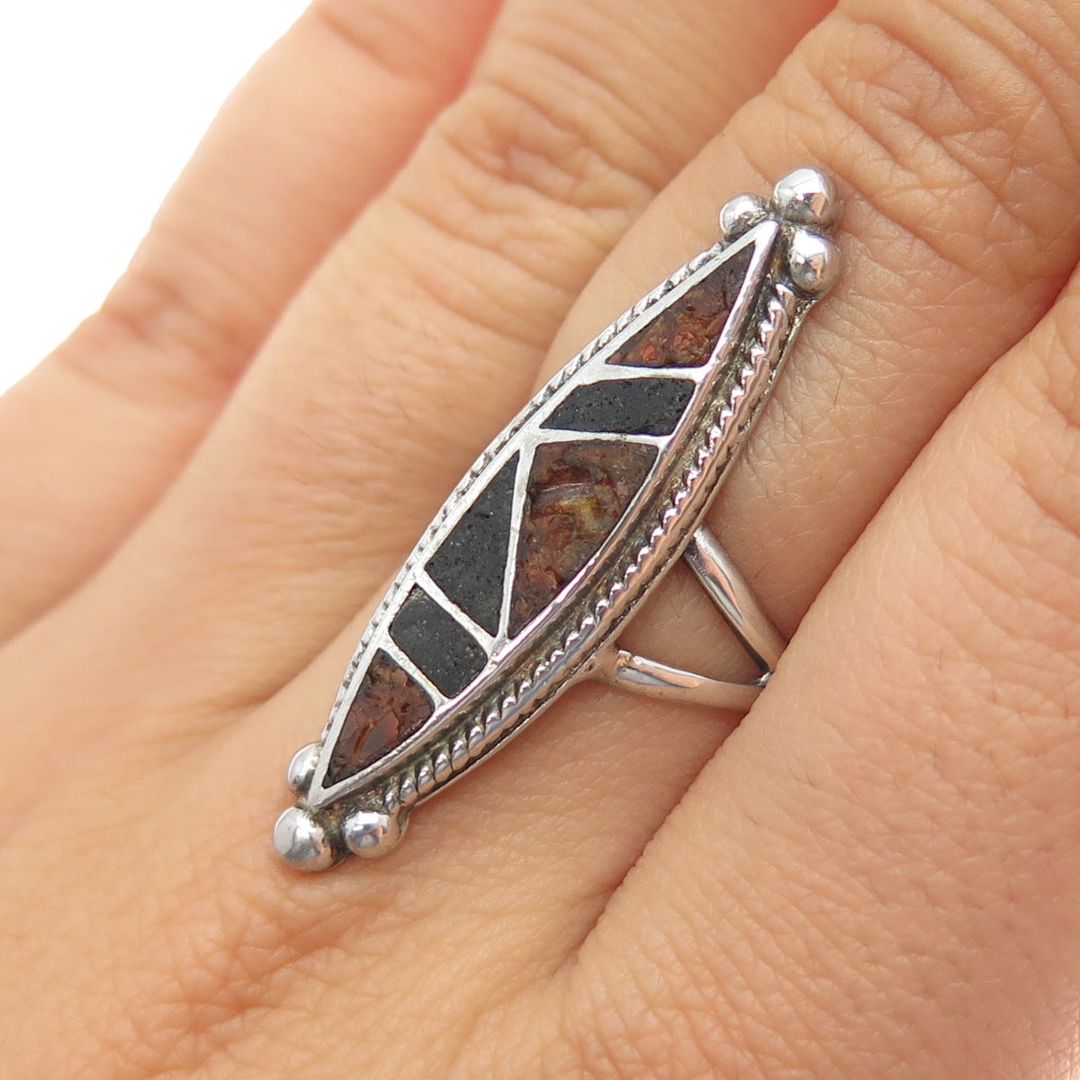 Old Pawn 925 Sterling Silver Vintage Jasper Black Onyx Inlay Tribal Ring Size 7