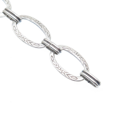925 Sterling Silver Antique Art Deco Engraved Flower Oval Link Bracelet 6.75"