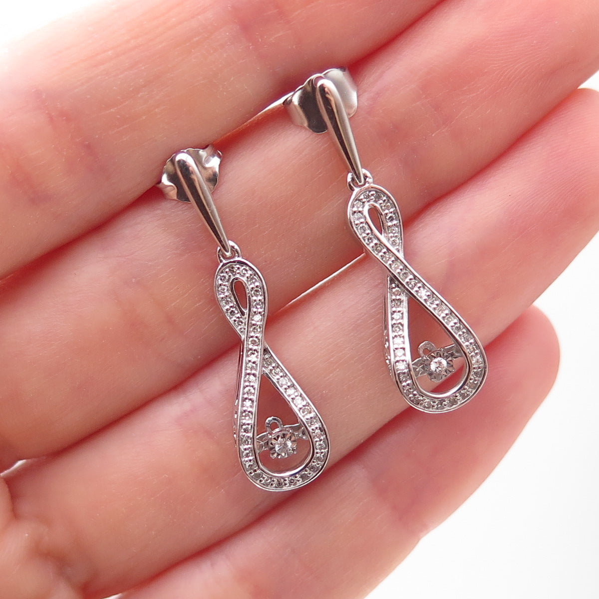 925 Sterling Silver Real Round-Cut Diamond Infinity Dangle Earrings