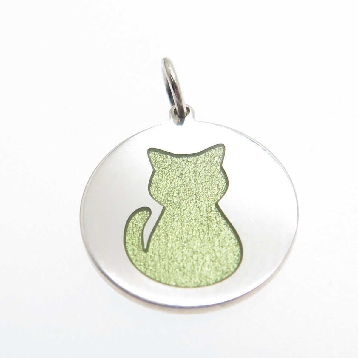 925 Sterling Silver Lime Green Enamel Cat Round Tag Minimalist Charm Pendant