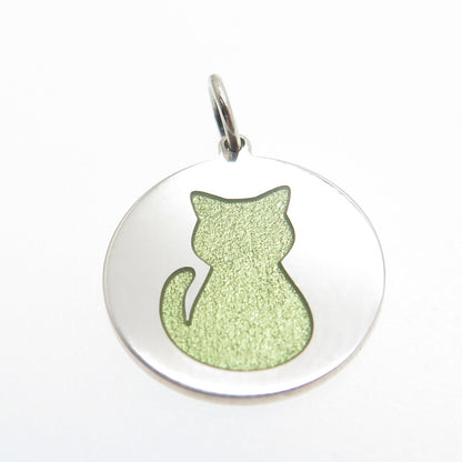 925 Sterling Silver Lime Green Enamel Cat Round Tag Minimalist Charm Pendant