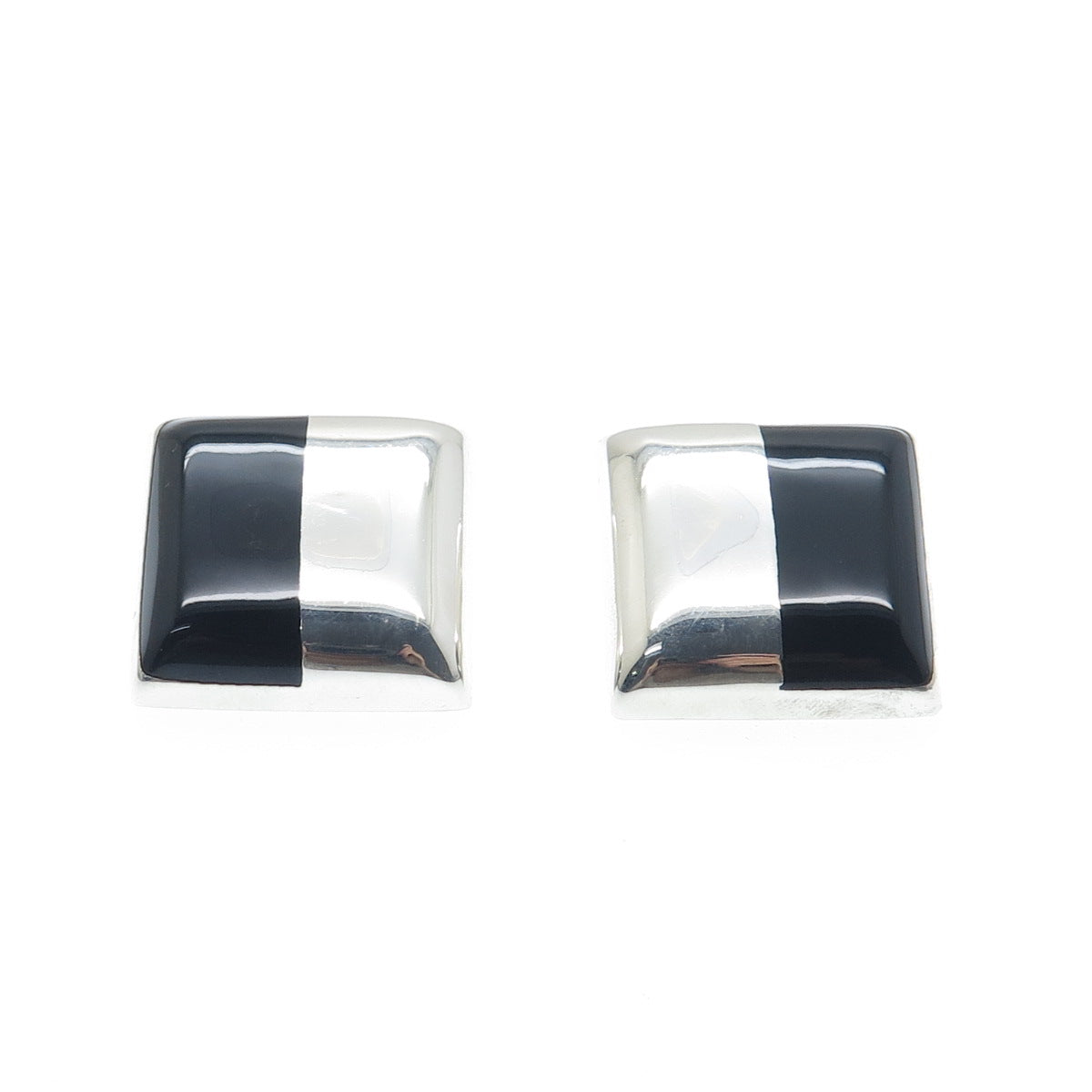 925 Sterling Silver Vintage Mexico Real Black Onyx Square Clip On Earrings