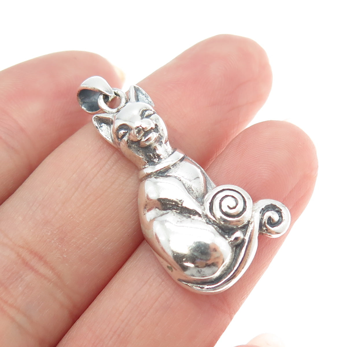 925 Sterling Silver Vintage Kitty Cat Spiral Pendant