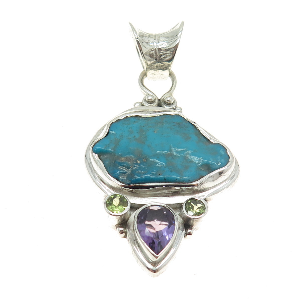 925 Sterling Silver Vintage Real Turquoise Peridot & Amethyst Modernist Pendant