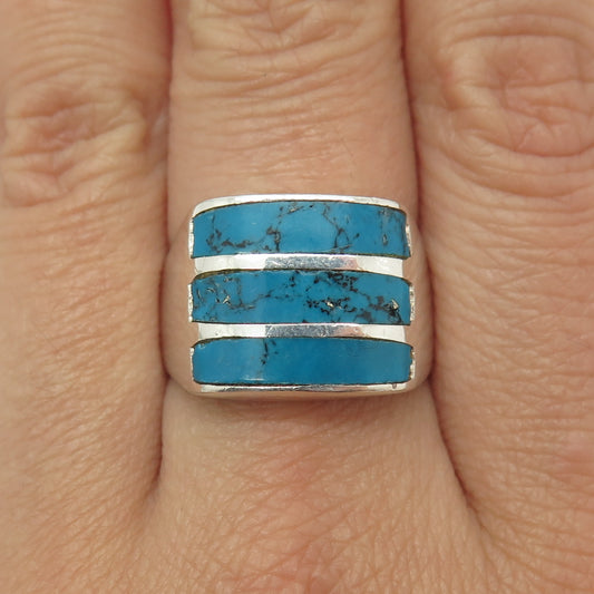 925 Sterling Silver Vintage Mexico Real Morenci Turquoise Ring Size 8.75