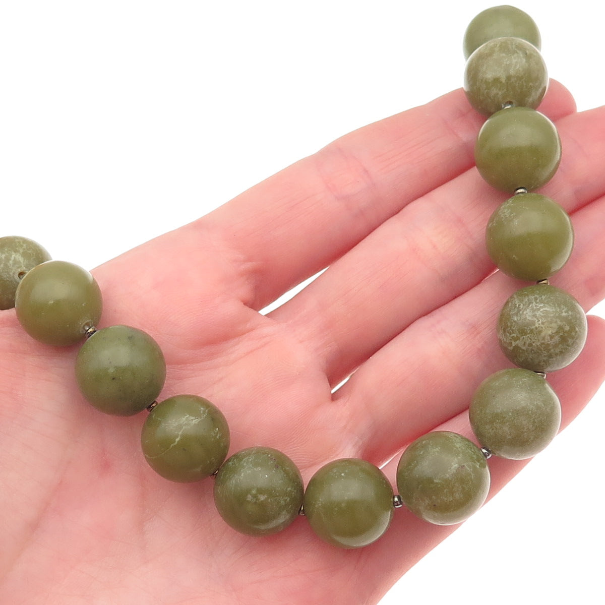 925 Sterling Silver Vintage Real Olive Green Jade Ball Beaded Necklace 16"