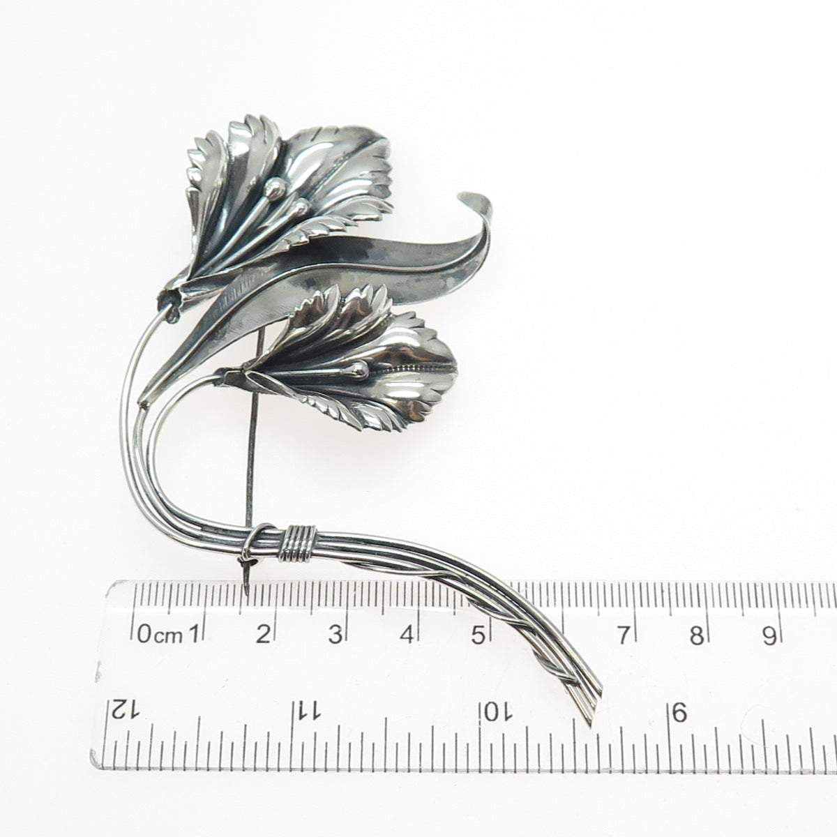 925 Sterling Silver Vintage Modernist Calla Lily Flower Oxidized Pin Brooch