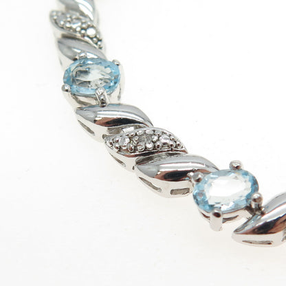 925 Sterling Silver Real Diamond Accent & Blue Topaz Wavy Link Bracelet 7"