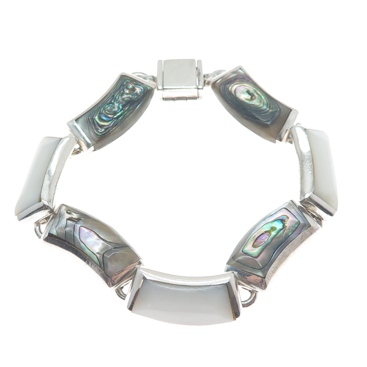 950 Silver Vintage Mexico Real Abalone Shell & MOP Modernist Bracelet 7.25"