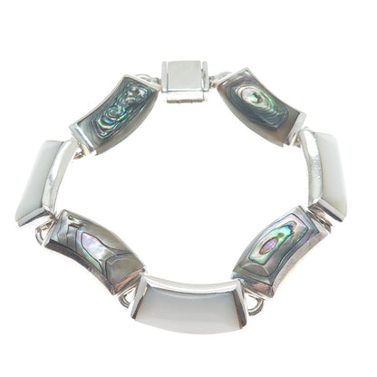 950 Silver Vintage Mexico Real Abalone Shell & MOP Modernist Bracelet 7.25"