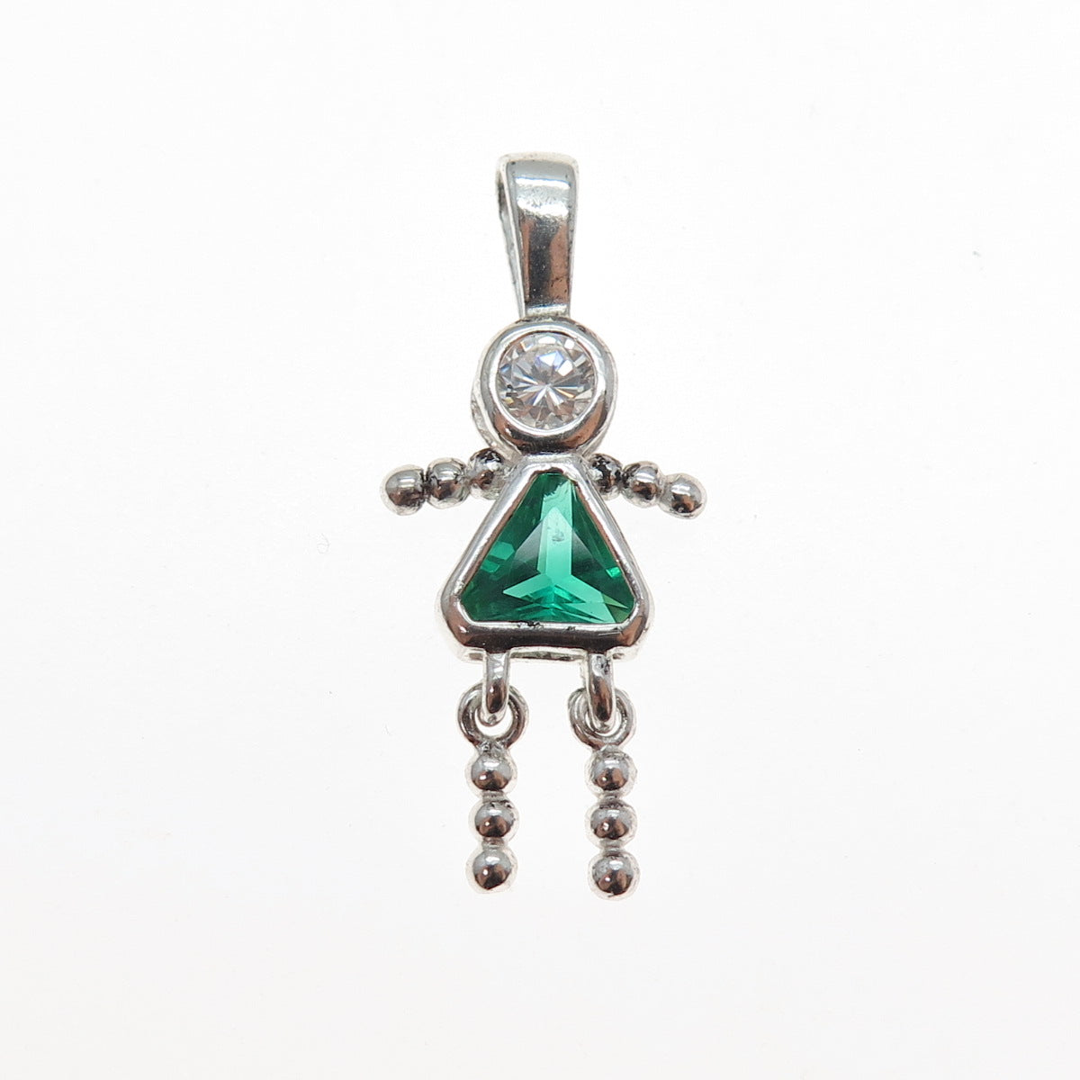 925 Sterling Silver Green C Z May Birthstone Girl Articulated Charm Pendant