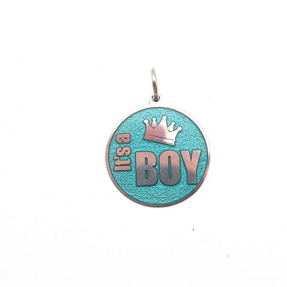 925 Sterling Silver Turquoise Enamel It's a Boy Round Tag Mini Charm Pendant