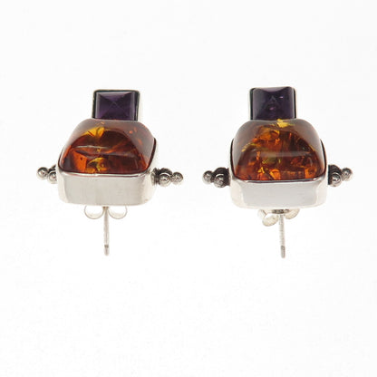 Lori Bonn 925 Sterling Silver Vintage Real Amber & Amethyst Modernist Earrings