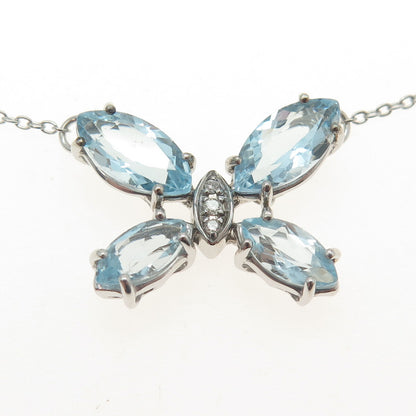 925 Sterling Silver Real White Diamond & Blue Topaz Gem Butterfly Necklace 18"
