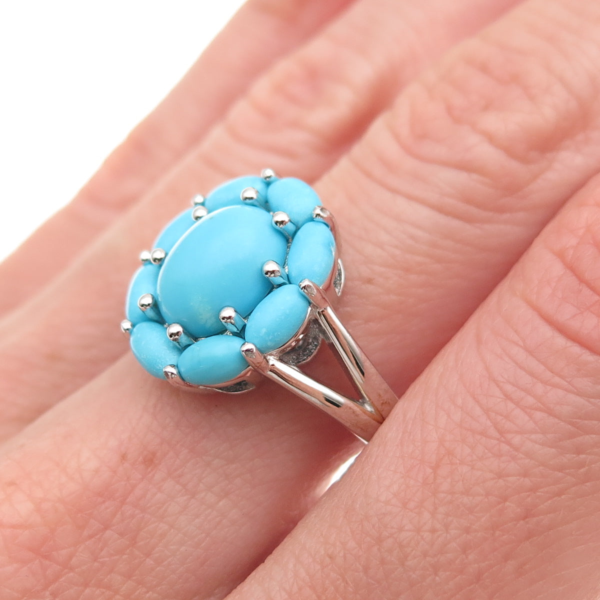 925 Sterling Silver Real Sleeping Beauty Turquoise Floral Ring Size 8