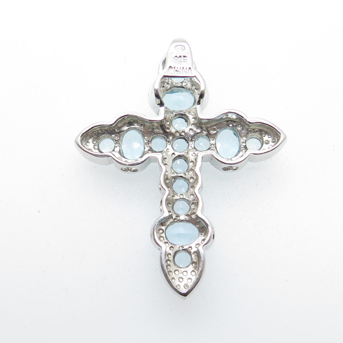 925 Sterling Silver Real Blue Topaz Gemstone Cross Slide Pendant