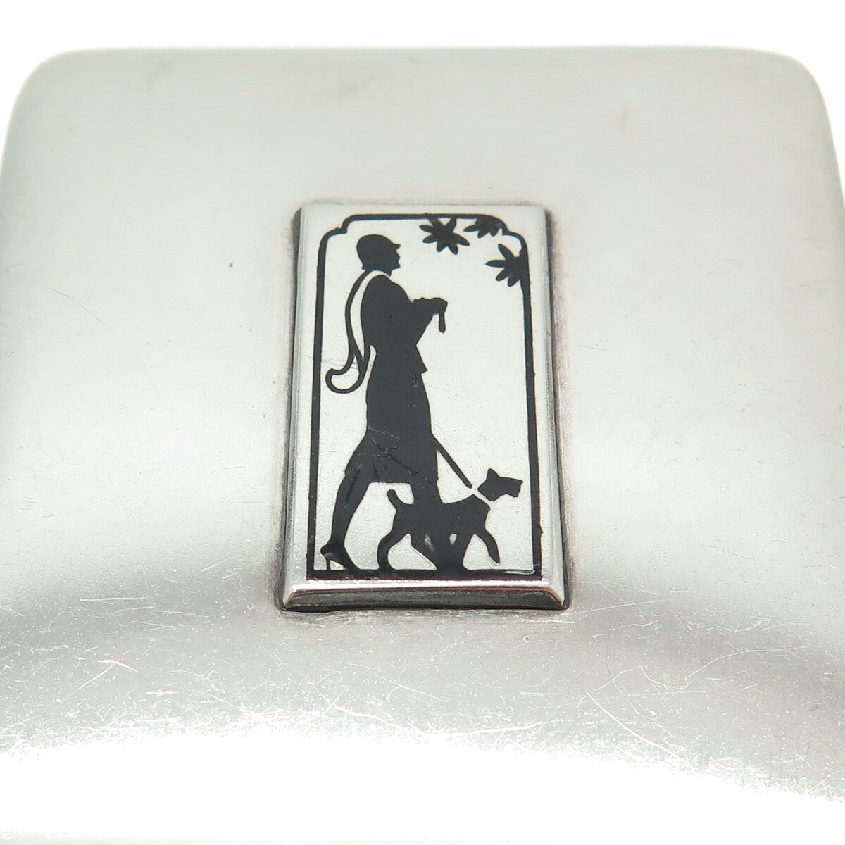 925 Sterling Silver Antique Art Deco Enamel Lady & Dog Mirror Frame