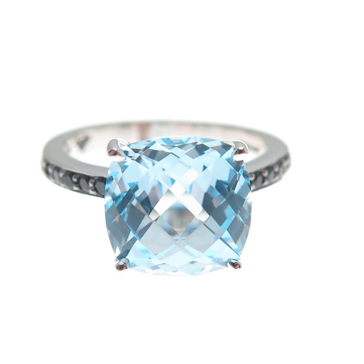 925 Sterling Silver Real Cushion-Cut Blue Topaz & Black Spinel Ring Size 7.25