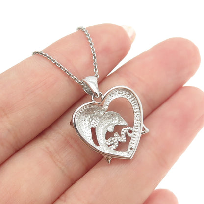 925 Sterling Silver Round-Cut C Z Love Dolphin Heart Cable Chain Necklace 16"