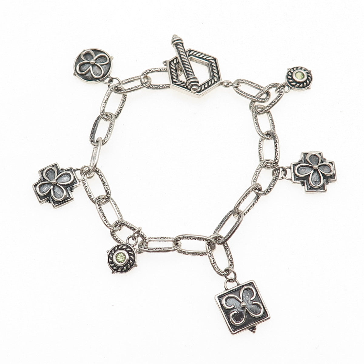 925 Sterling Silver Vintage Real Peridot Cross Floral Charm Oxidized Bracelet 7"