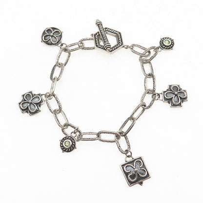 925 Sterling Silver Vintage Real Peridot Cross Floral Charm Oxidized Bracelet 7"