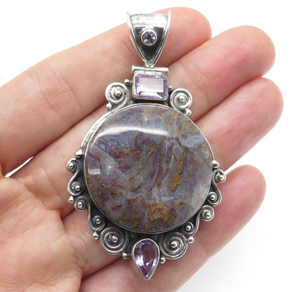 925 Sterling Silver Vintage Real Agate & Amethyst Modernist Oxidized Pendant