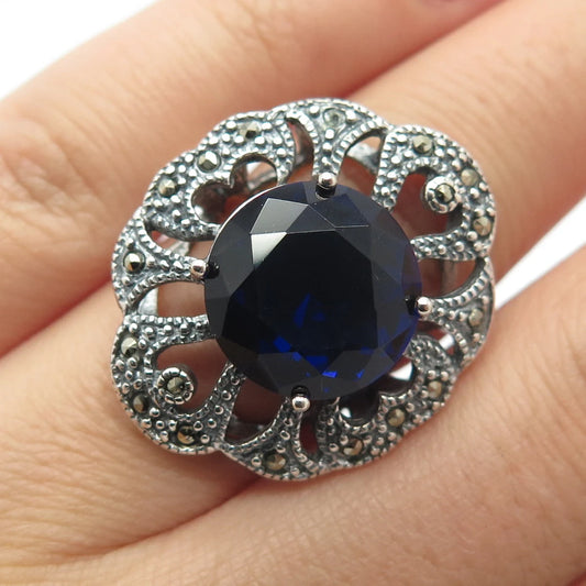 925 Sterling Silver Vintage Blue Glass & Marcasite Gemstone Ring Size 6