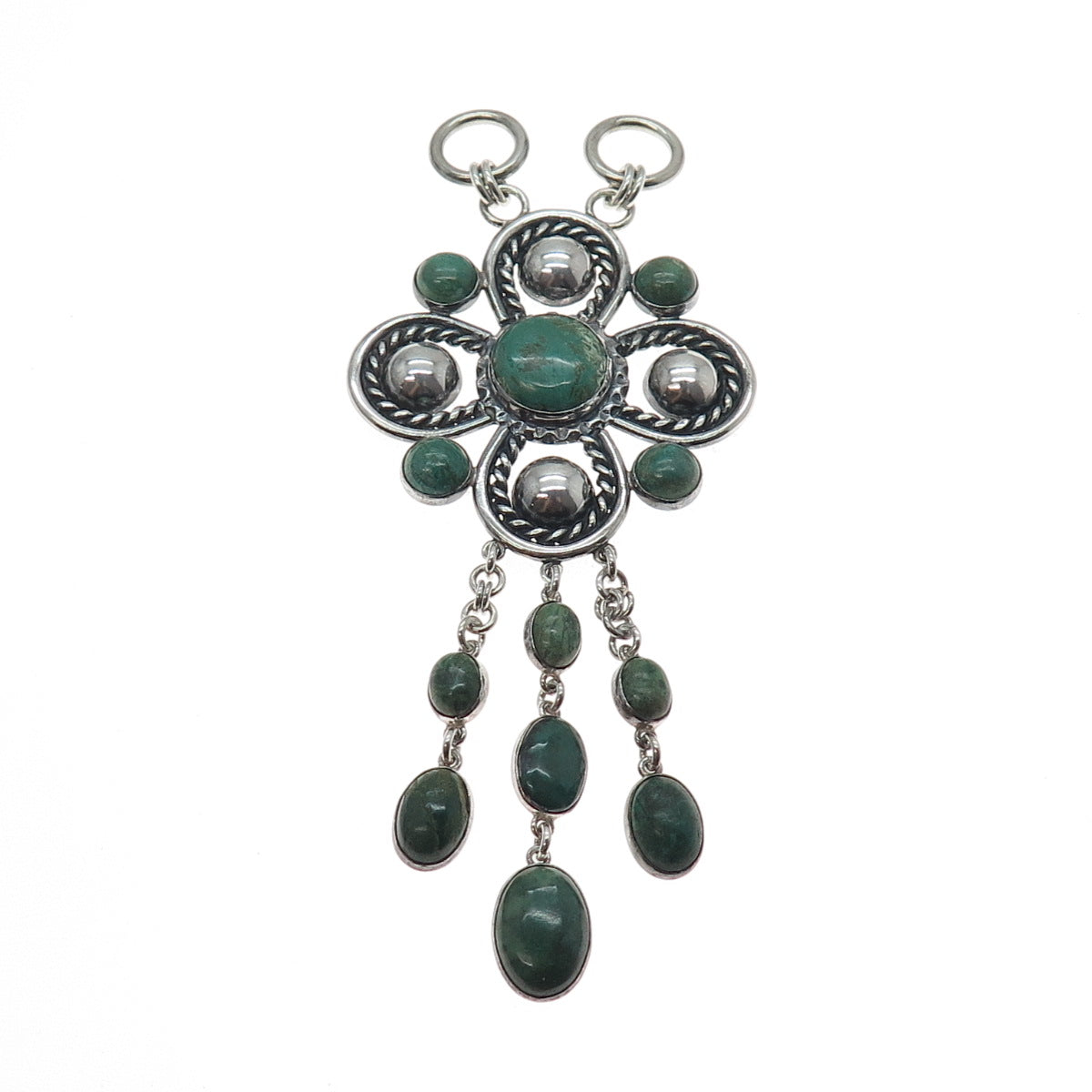 925 Sterling Silver Vintage Real Royston Turquoise Flower Centerpiece Pendant