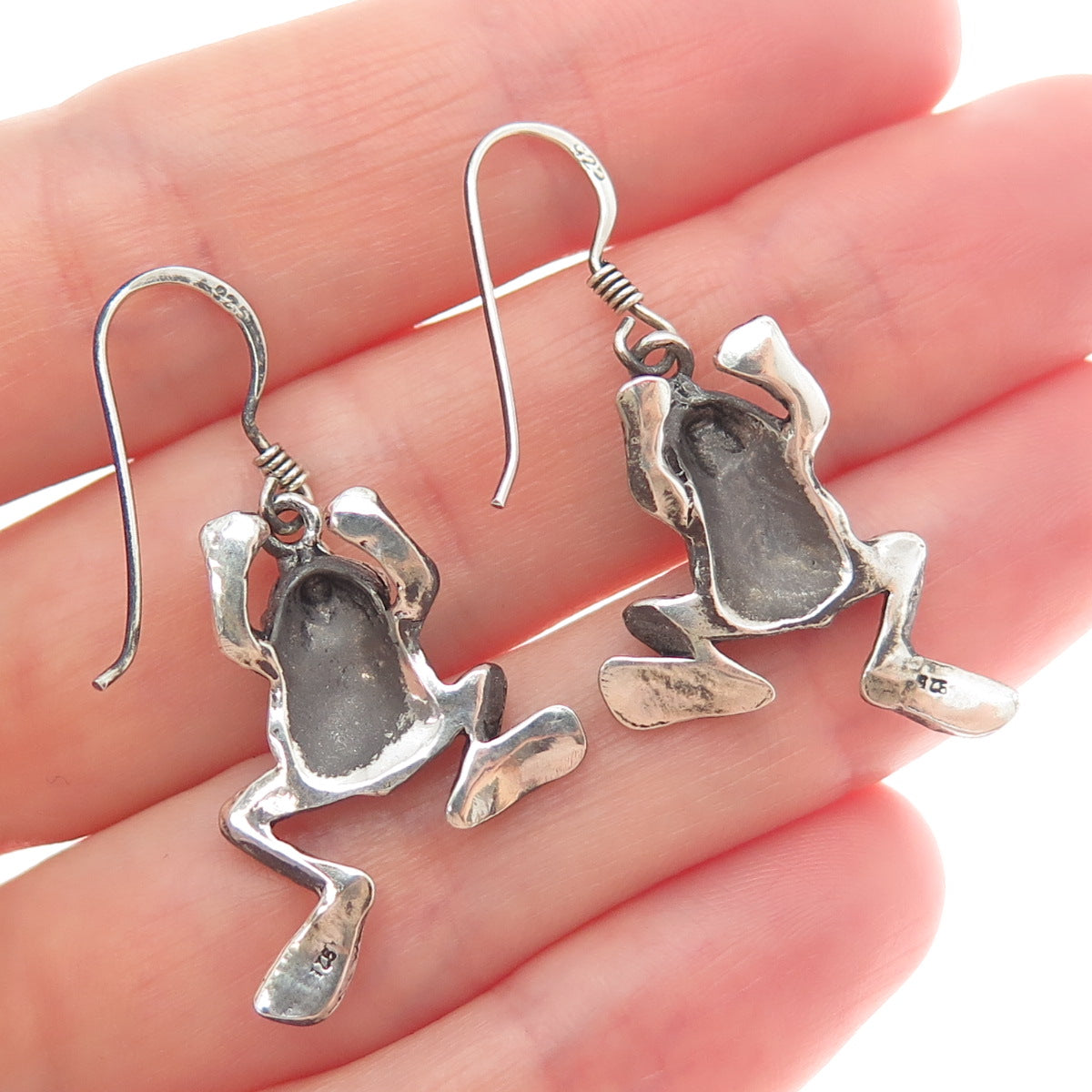 925 Sterling Silver Vintage Frog For Good Luck Oxidized Dangle Earrings