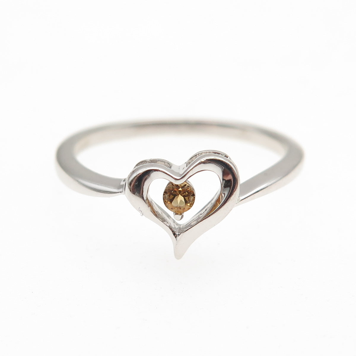 925 Sterling Silver Round-Cut Champagne C Z Heart Ring Size 6.75