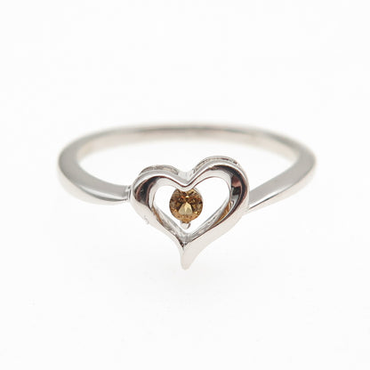 925 Sterling Silver Round-Cut Champagne C Z Heart Ring Size 6.75