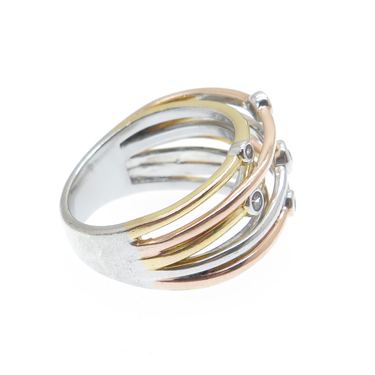 925 Sterling Silver 3-Tone Round-Cut C Z Station Crisscross Ring Size 7.25