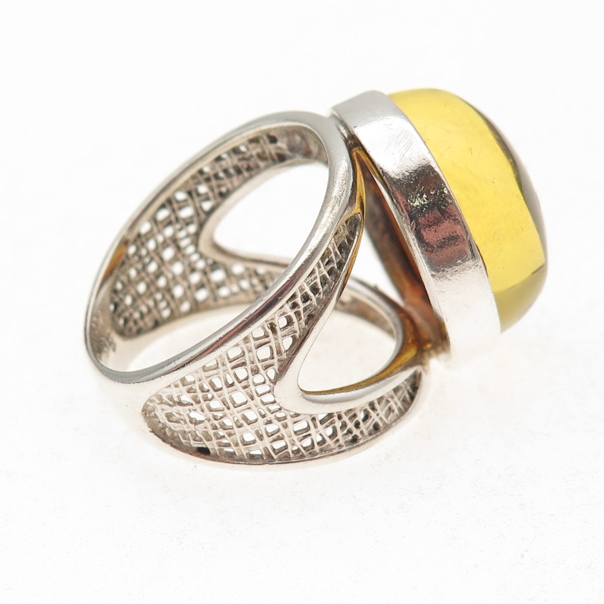925 Sterling Silver Vintage Real Amber Modernist Oxidized Ring Size 11.25