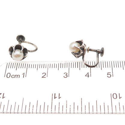 925 Sterling Silver Antique Real Akoya Pearl Floral Oxidized Screw Back Earrings
