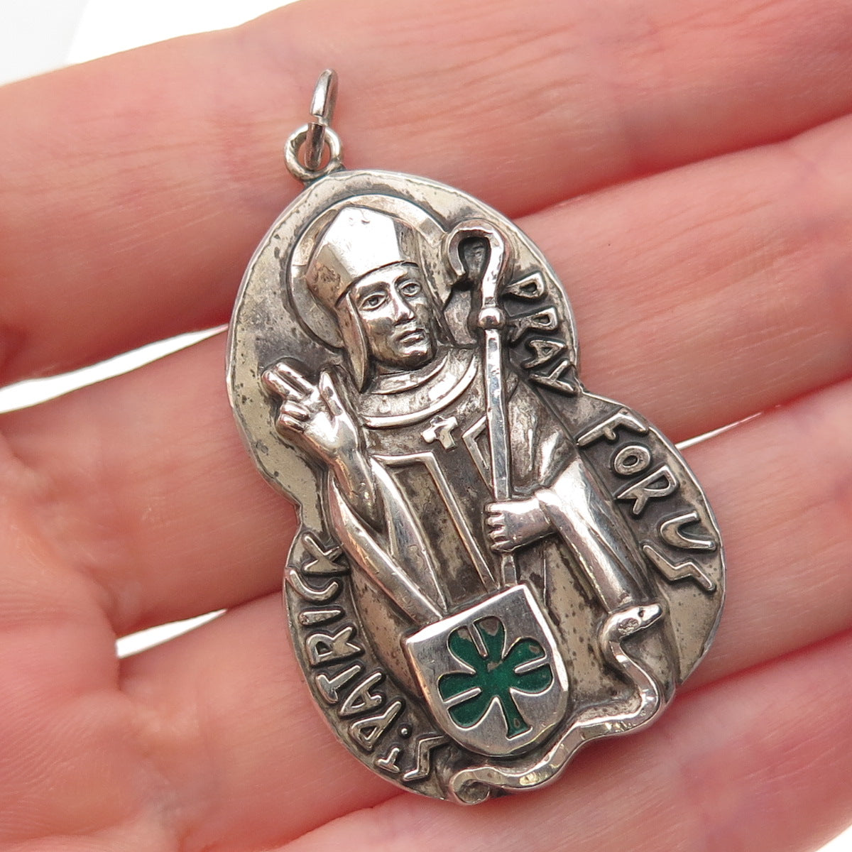 Creed 925 Sterling Silver Antique Art Deco Enamel St. Patrick Oxidized Pendant