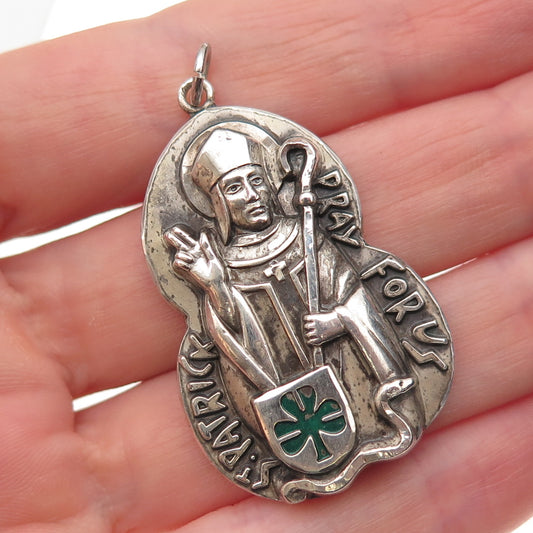 Creed 925 Sterling Silver Antique Art Deco Enamel St. Patrick Oxidized Pendant