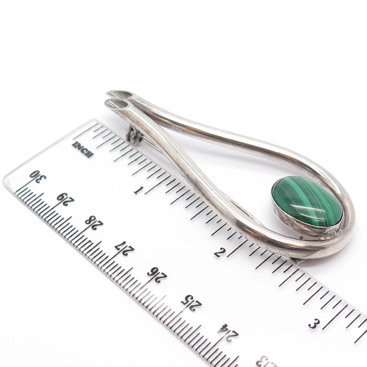 925 Sterling Silver Vintage Real Malachite Gemstone Modernist Pin Brooch