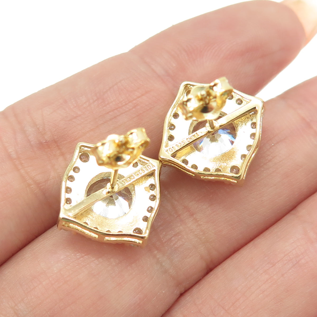 925 Sterling Silver Gold Plated Round-Cut C Z Earrings