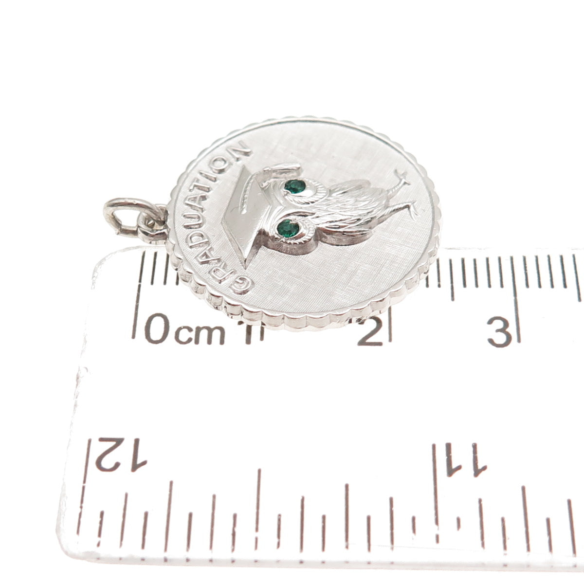 925 Sterling Silver Vintage Green Rhinestone Graduation Owl Bird Charm Pendant