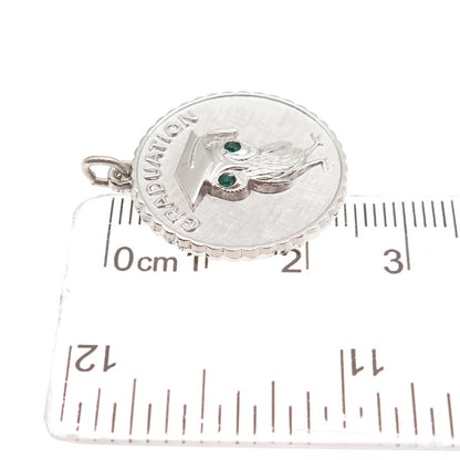 925 Sterling Silver Vintage Green Rhinestone Graduation Owl Bird Charm Pendant