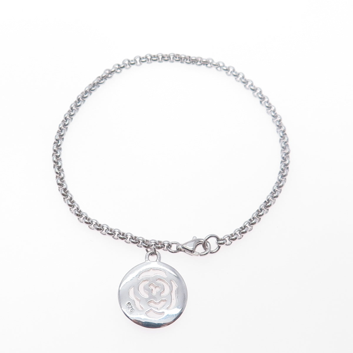 925 Sterling Silver Vintage Rose Flower Charm Rolo Link Bracelet 7.5"