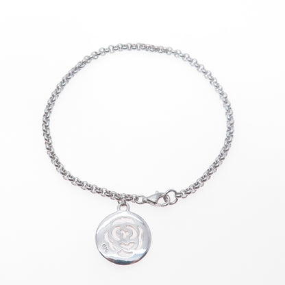 925 Sterling Silver Vintage Rose Flower Charm Rolo Link Bracelet 7.5"
