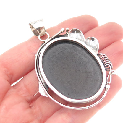 ZIV 925 Sterling Silver Vintage Real Amber Modernist Floral Oxidized Pendant