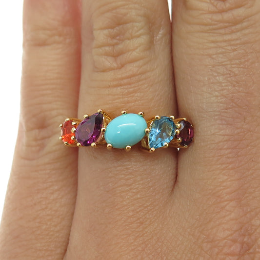 925 Sterling Silver Gold Plated Real Turquoise Amethyst Topaz & Opal Ring Size 6