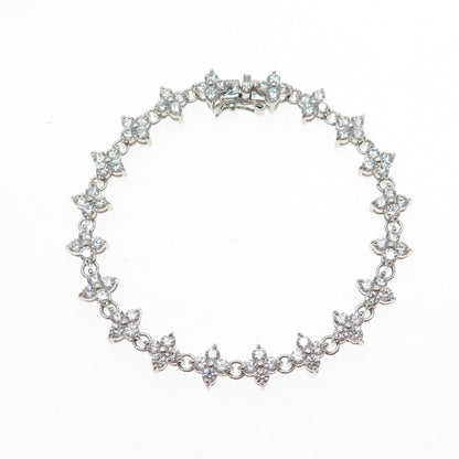 JCM Jacmel Mauritius 925 Sterling Silver Round-Cut C Z Flower Link Bracelet 6.5"