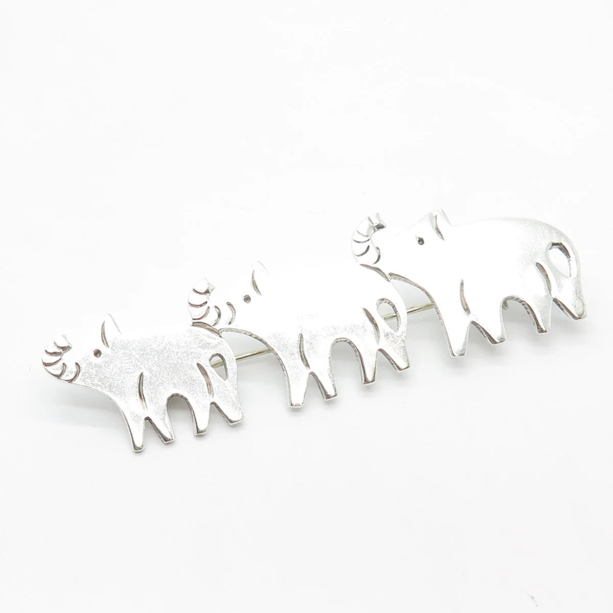 925 Sterling Silver Vintage Mexico Triple Elephant For Good Luck Pin Brooch