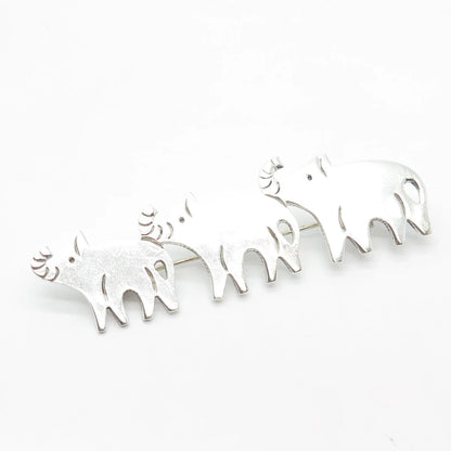 925 Sterling Silver Vintage Mexico Triple Elephant For Good Luck Pin Brooch