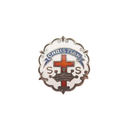 Cross Crown Little System Sterling Vintage Enamel Christian Sunday School Brooch