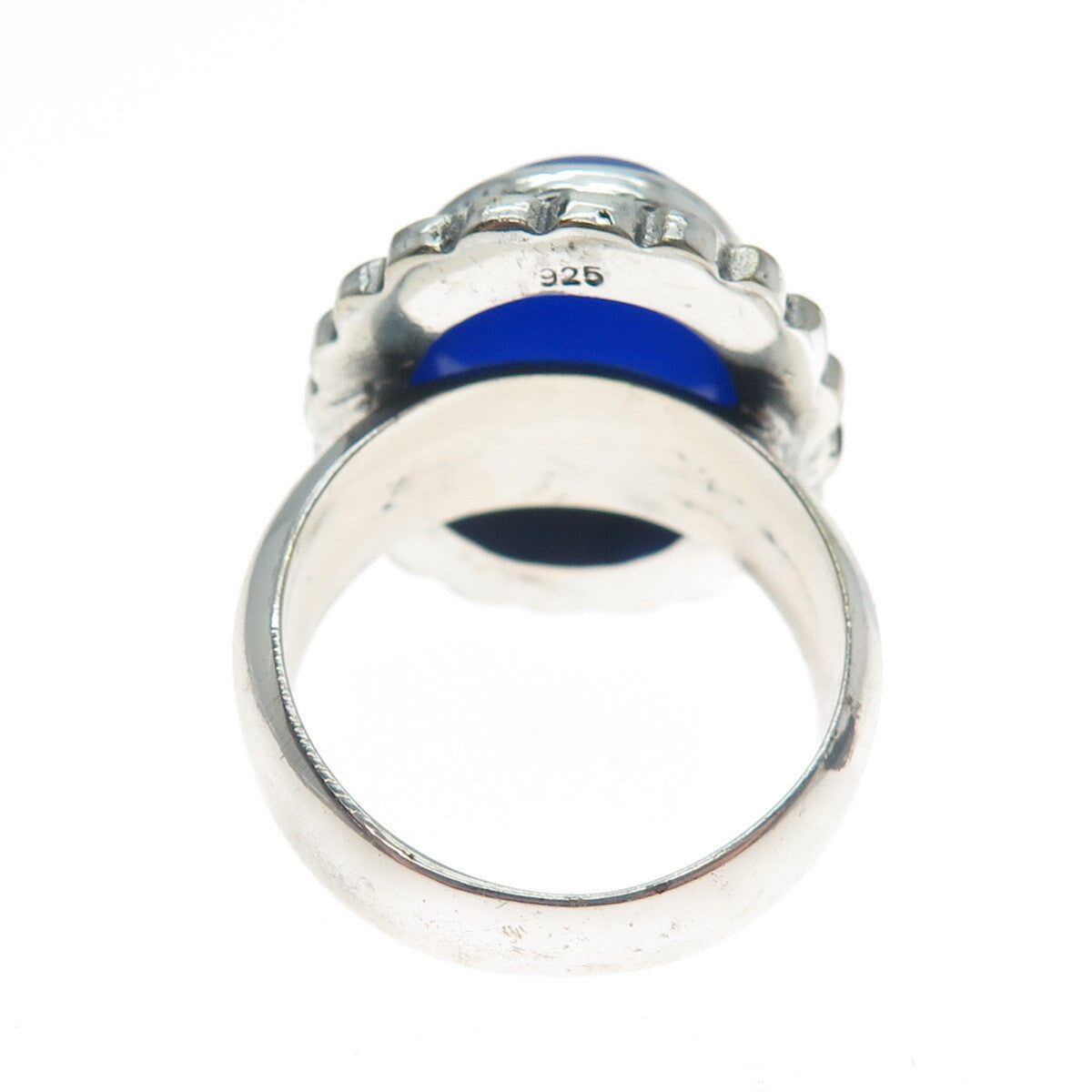 925 Sterling Silver Vintage Real Blue Chalcedony Flower Oxidized Ring Size 8.75