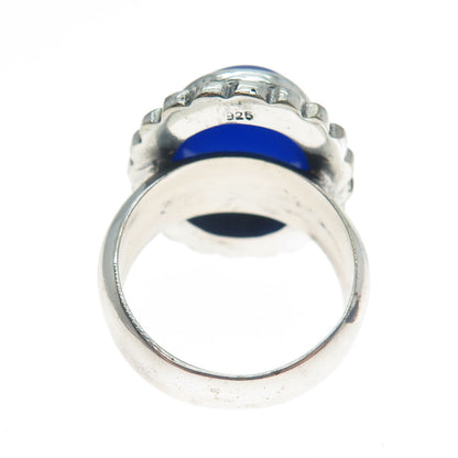 925 Sterling Silver Vintage Real Blue Chalcedony Flower Oxidized Ring Size 8.75